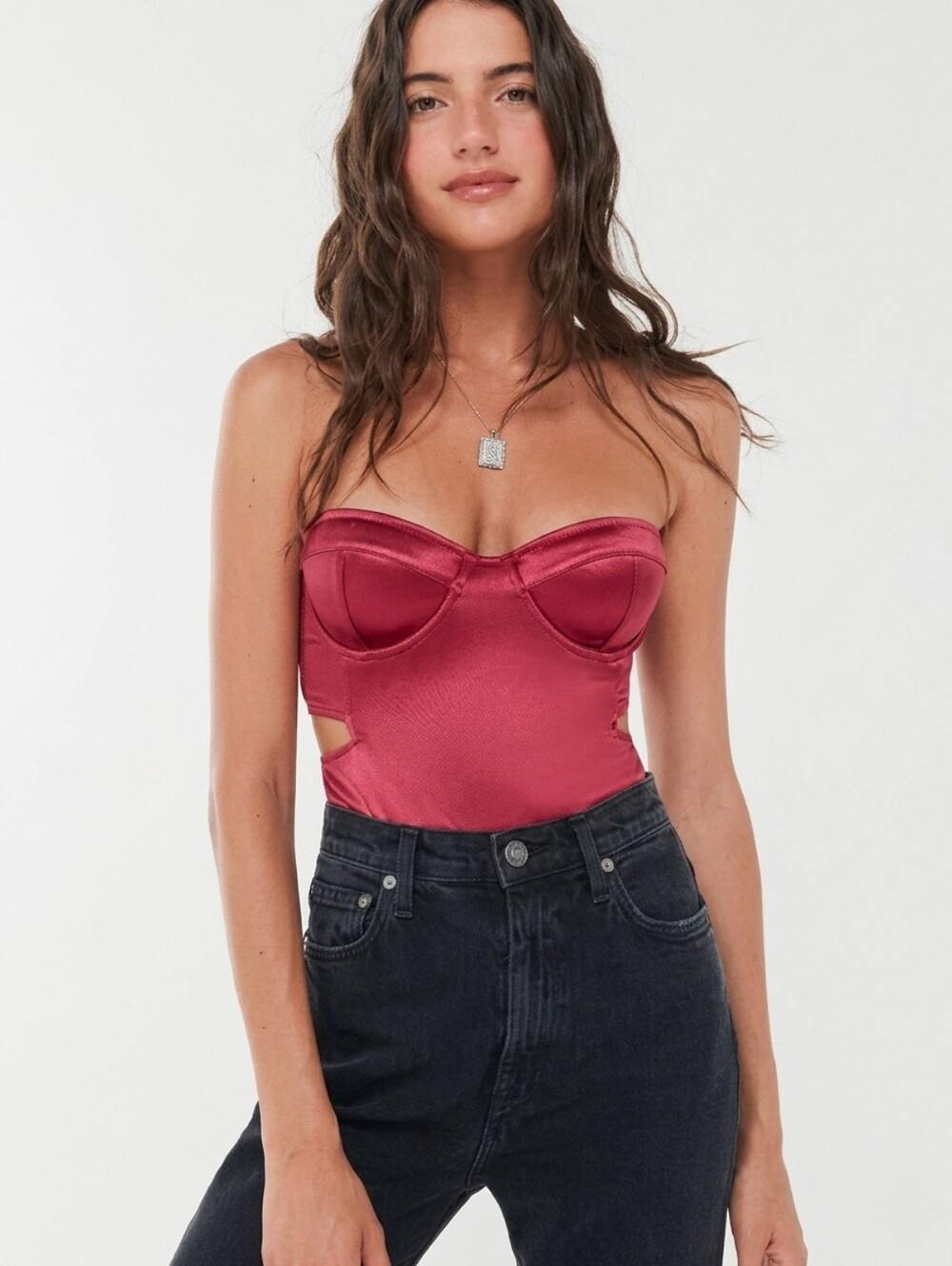 Out From Under By Urban Outfitters Satin Strapless Bustier Bodysuit - Berry Red